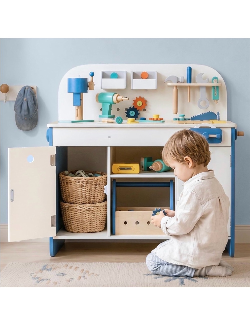 Large Wooden Workbench with Storage Cabinet